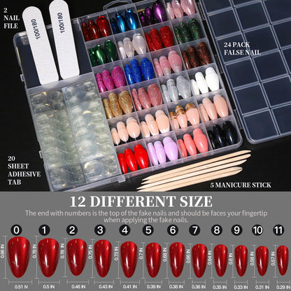 FANDAMEI Press on Nails Almond – 24 Colors, 576pcs, Short Cat Eye & Glitter
