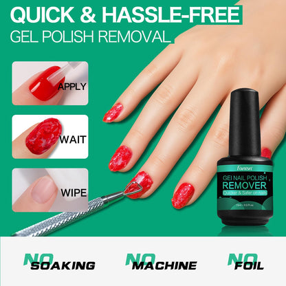 Fanisn Gel Nail Polish Remover Kit Quick 2-5 Min Removal No Foil Includes Cuticle Pusher & Nail File