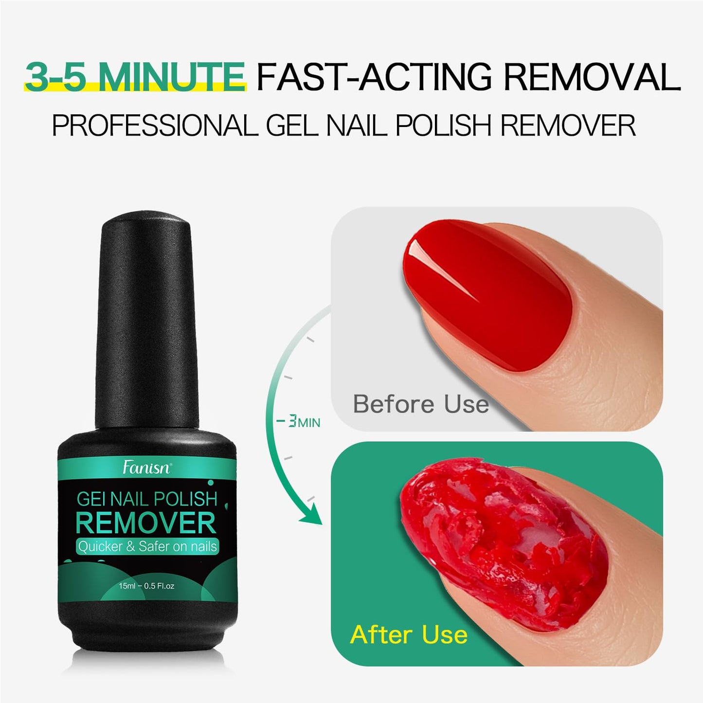 Fanisn Gel Nail Polish Remover Kit – No Soak, 15ml, 2-5 Min Removal, Includes Cuticle Pusher & Nail File
