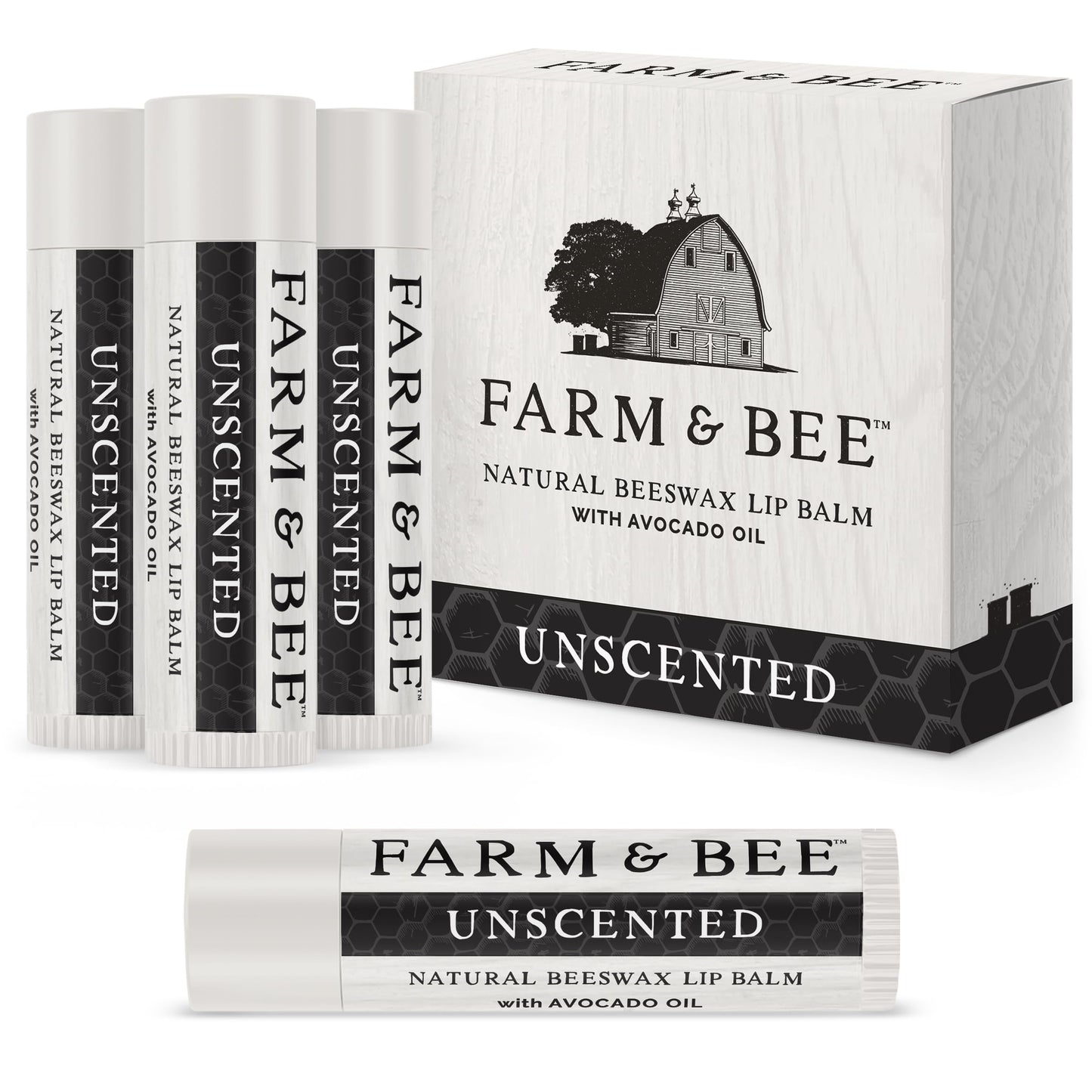 Farm & Bee Natural Lip Balm – Organic Beeswax-Based, Unscented (Pack of 4)
