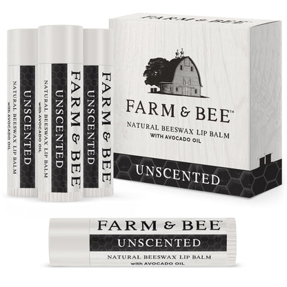 Farm & Bee Natural Lip Balm – Organic Beeswax-Based, Unscented (Pack of 4)