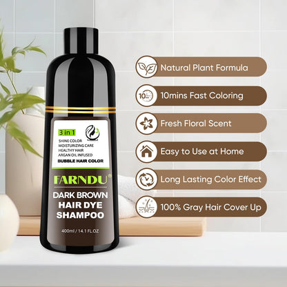 Farndu Dark Brown Hair Dye Shampoo – 3-in-1 Grey Coverage, Natural Ingredients