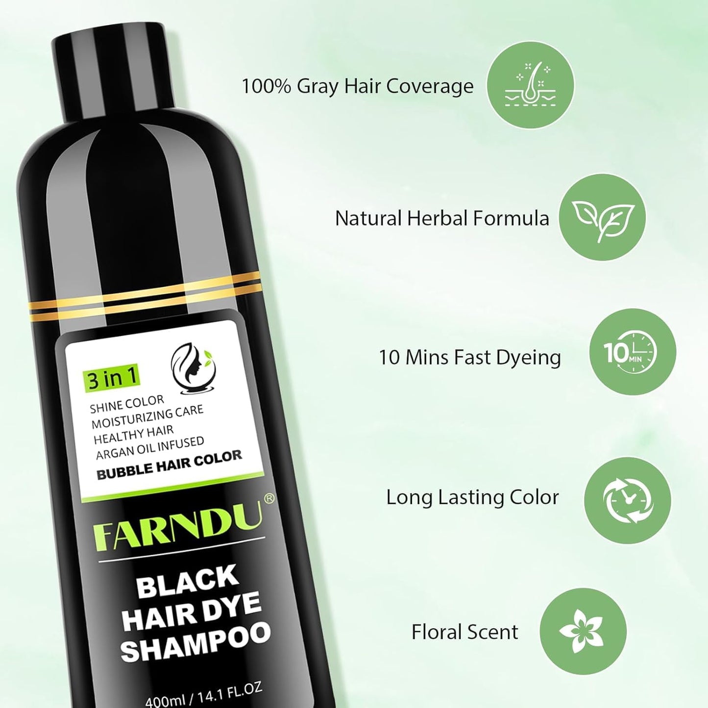 Farndu Black Hair Dye Shampoo - 3-in-1 Color, Cleanse & Condition for Gray Hair
