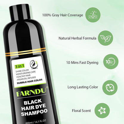 Farndu Black Hair Dye Shampoo - 3-in-1 Color, Cleanse & Condition for Gray Hair