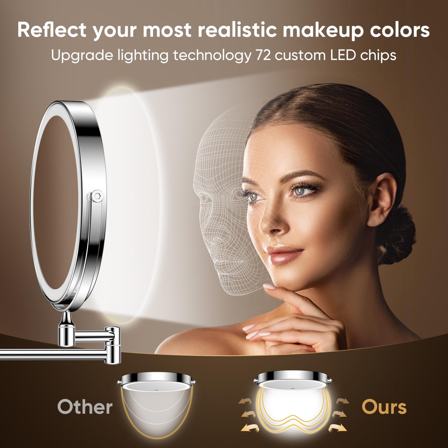 FASCINATE 8-Inch Rechargeable Chrome Wall-Mounted Makeup Mirror | 1X-10X Magnification, 3 Color Lights, 360° Rotation
