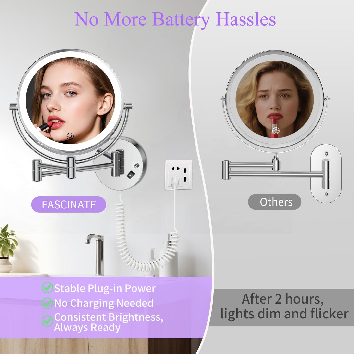 FASCINATE Wall Mounted Lighted Makeup Mirror — 30X/1X Magnification, 3 Color Modes, Dimmable, 360° Swivel