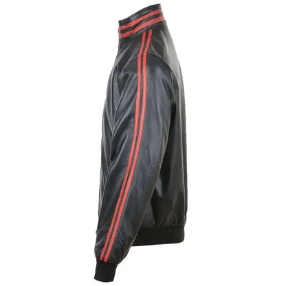 Men’s Red Leather Bomber Jacket with Striped Collar