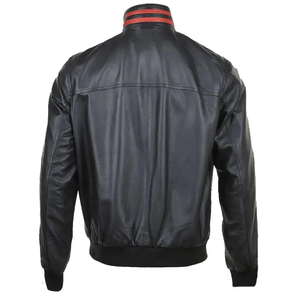 Men’s Red Leather Bomber Jacket with Striped Collar