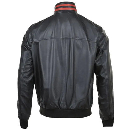 Men’s Red Leather Bomber Jacket with Striped Collar