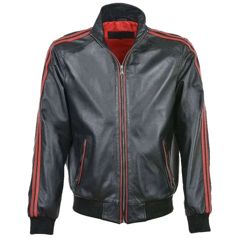 Men’s Red Leather Bomber Jacket with Striped Collar