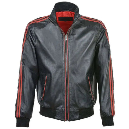Men’s Red Leather Bomber Jacket with Striped Collar