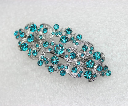 Faship Malibu Blue Teal Rhinestone Floral Hair Barrette Clip