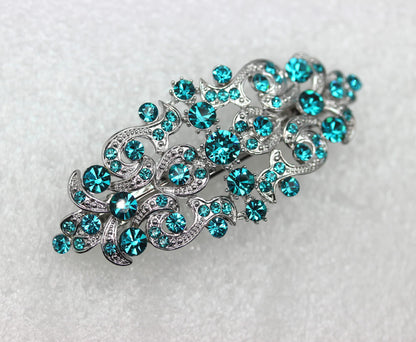 Faship Malibu Blue Teal Rhinestone Floral Hair Barrette Clip