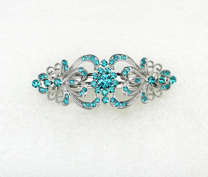 Faship Teal Rhinestone Floral Hair Barrette | Bridal & Party Hair Jewelry