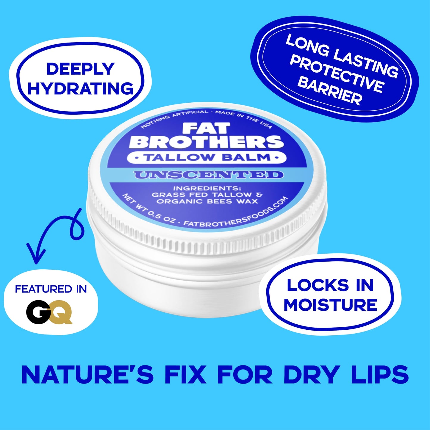 Fat Brothers Tallow Balm – Unscented 2-Ingredient Lip Balm, 0.5 oz Tin (4-Pack)