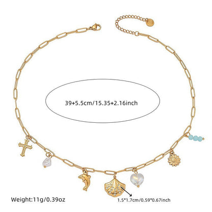 Retro Diamonds Scallop Gold-Plated Dolphin Necklace