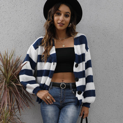 Women's Cardigan Striped Button Stitching Woven Sweater