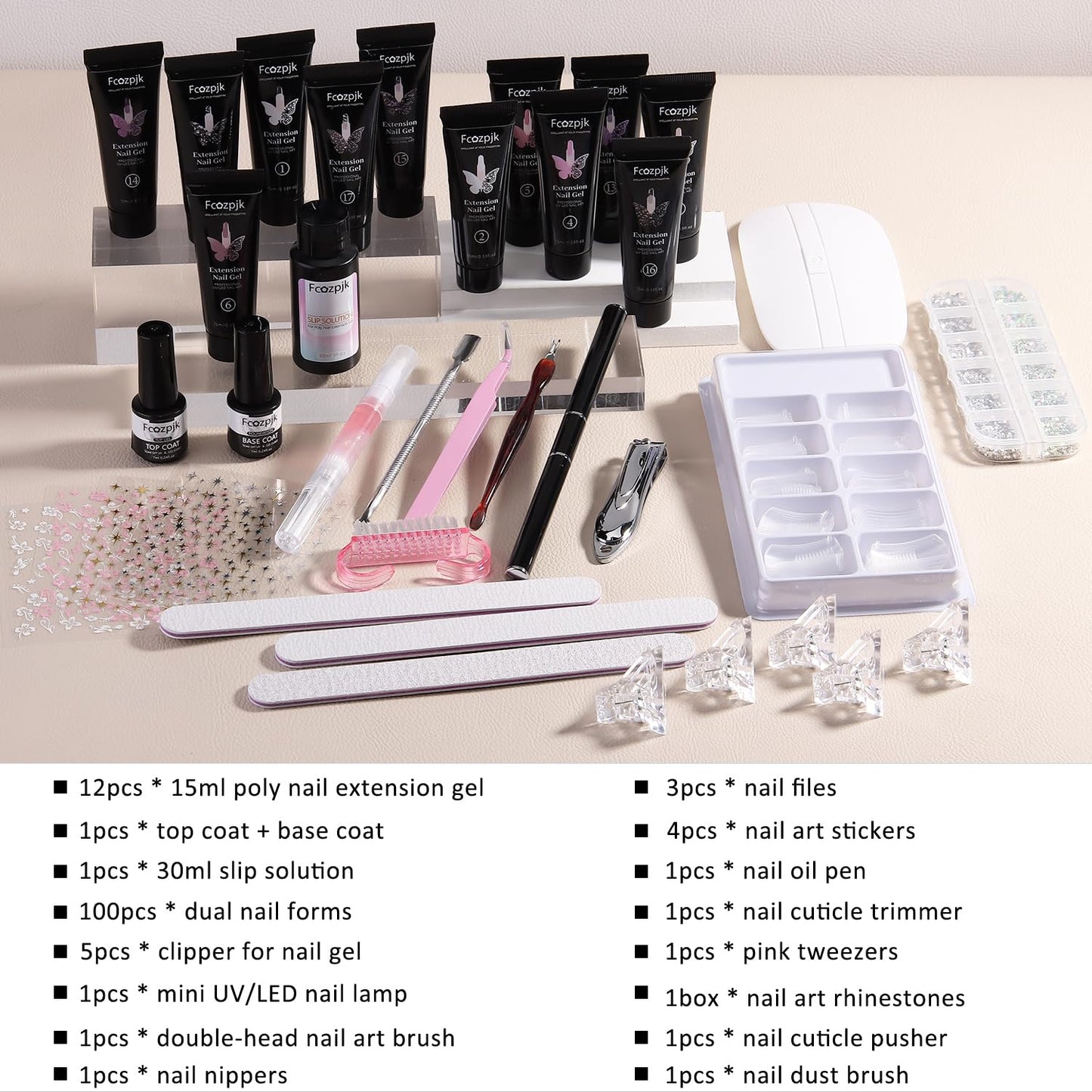Fcozpjk Poly Nail Gel Kit with UV Light | 12 Colors Starter Set for Beginners