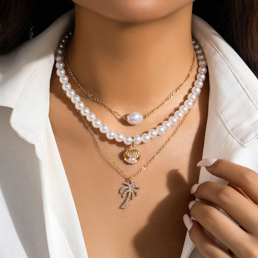 Multi-Layer Starfish Shell Pearl, Cross, Palm Tree Necklaces, 3Pc Set