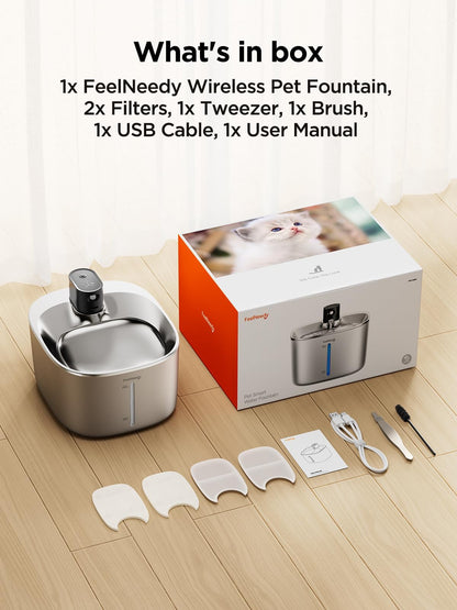 FEELNEEDY Wireless Cat Water Fountain with Sensor – 4L Stainless Steel, 4000mAh Battery, Ultra Quiet (YPD-C004S)