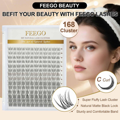 FEEGO Natural Lash Extension Kit 168Pcs – DIY Lash Clusters with Glue & Tweezers (8–14mm)