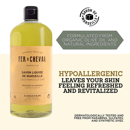 Fer à Cheval Olive Oil Marseille Liquid Soap 1L – Hypoallergenic, Natural & Eco-Friendly