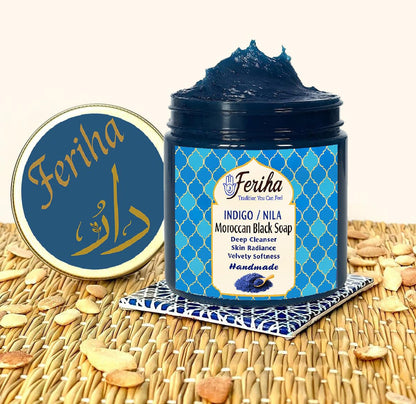 FERIHA Moroccan Black Soap Indigo Sahara Nila — 100% Natural Artisan Beldi Soap, Hammam Ritual