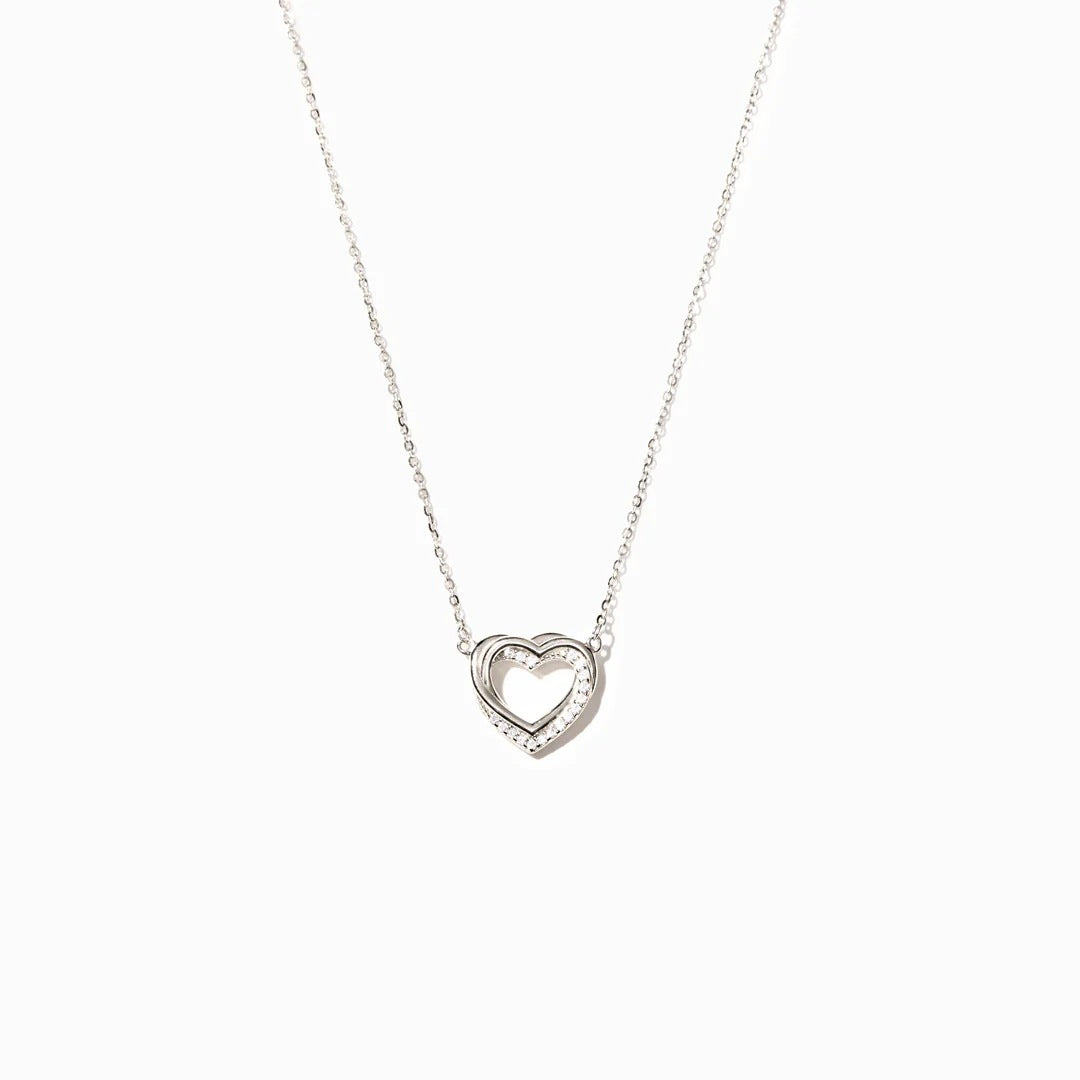 Silver Overlapping Double Hollow Heart Necklace