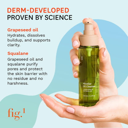 Fig.1 Micellar Oil Cleanser for Face – Makeup Remover & Deep Cleansing Oil, Squalane & Grapeseed, Refillable 3.4 oz