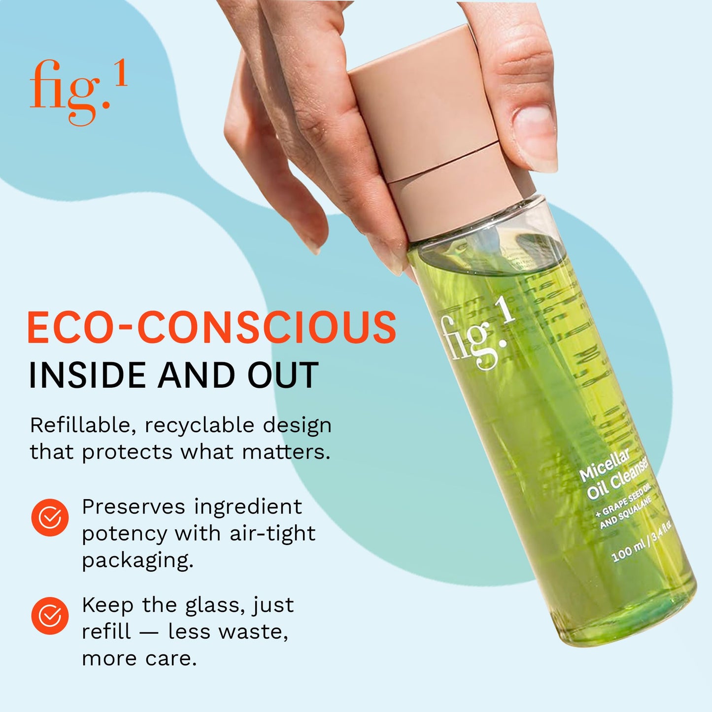 Fig.1 Micellar Oil Cleanser for Face – Makeup Remover & Deep Cleansing Oil, Squalane & Grapeseed, Refillable 3.4 oz