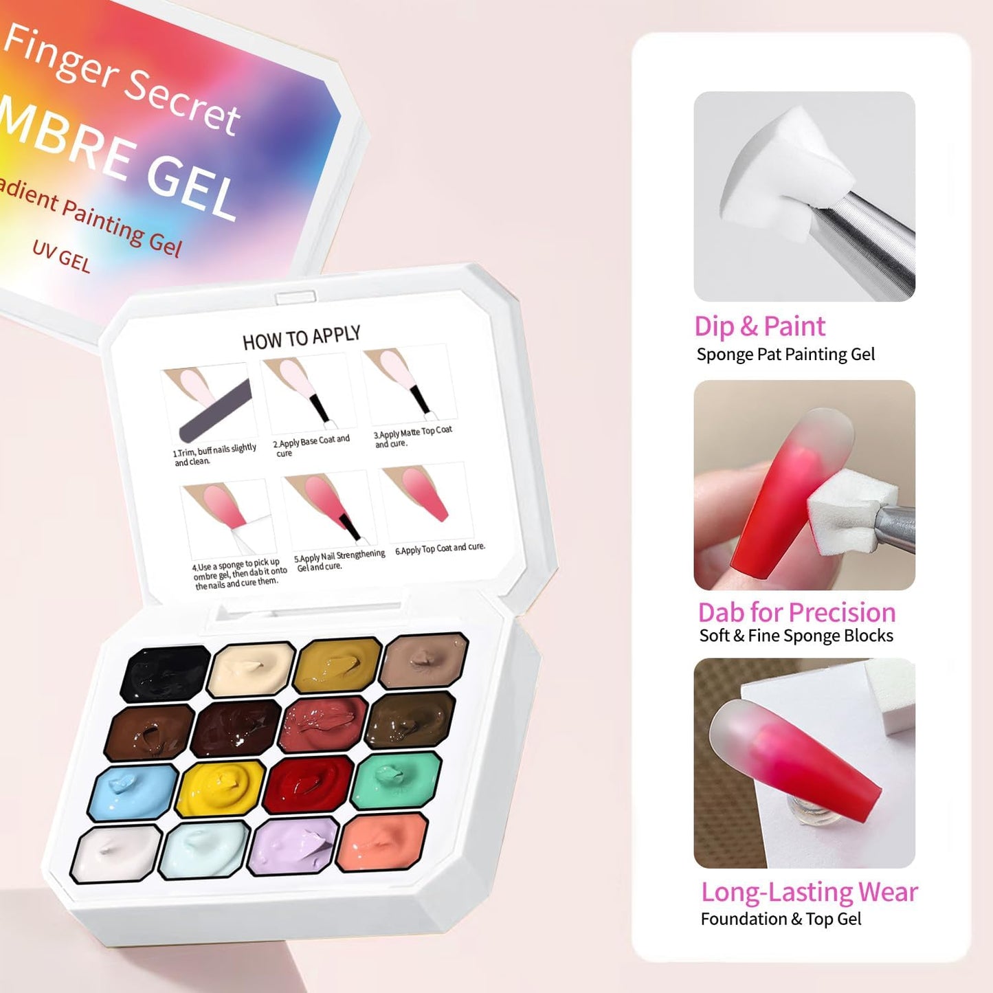 Finger Secret 16-Color Gel Ombre Nail Kit – Gradient Blooming Gel Palette & 100 Sponges