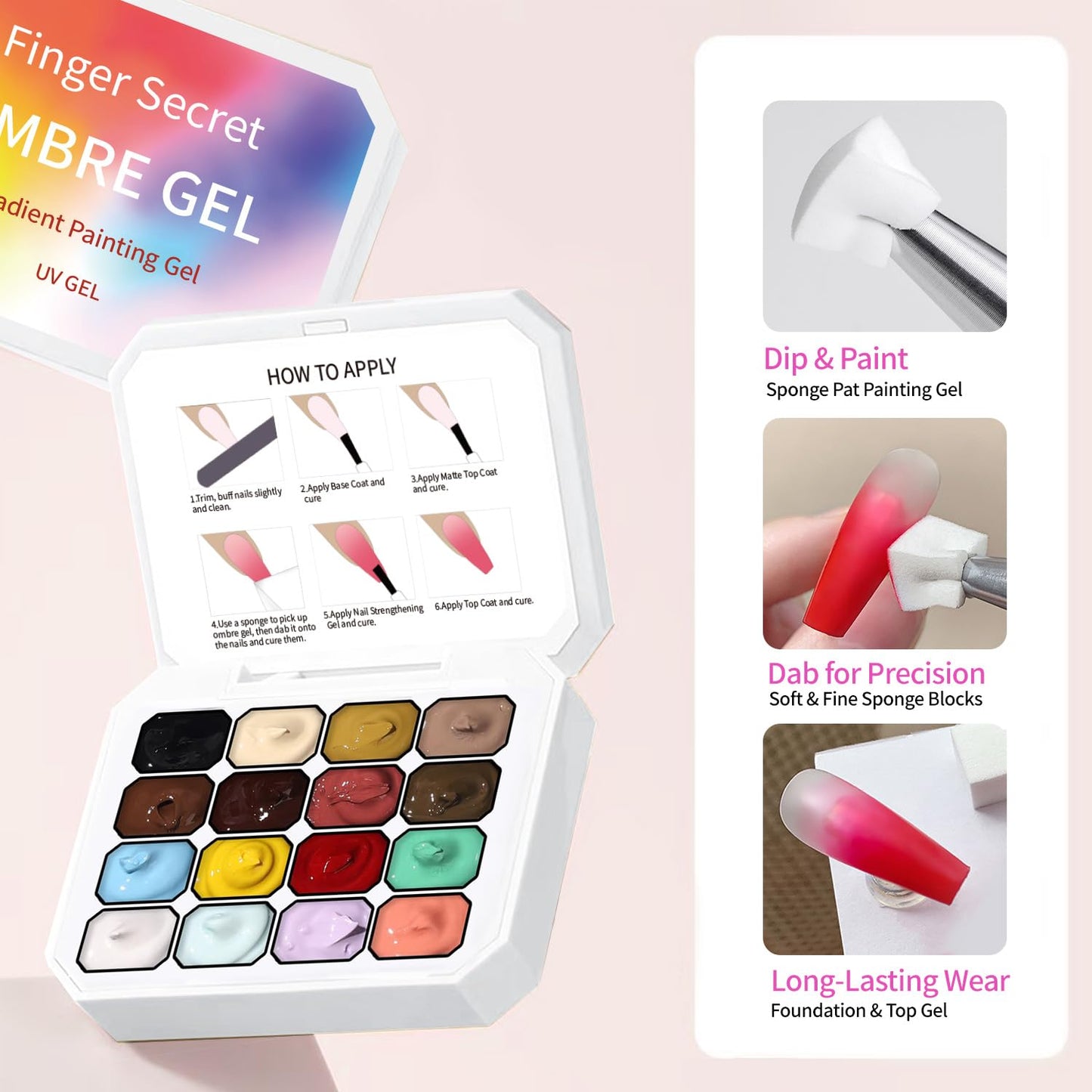 Finger Secret 16 Neon Ombre Gel Pat Palette with 100 Nail Sponges