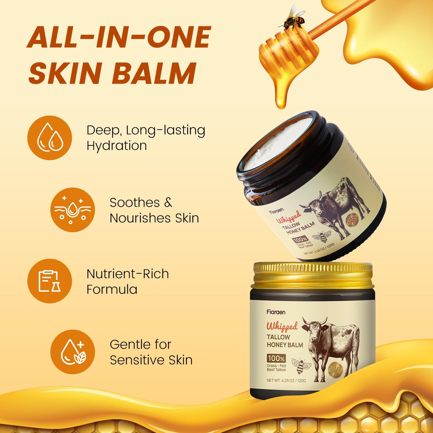 Fioraen Whipped Beef Tallow & Manuka Honey Balm – Unscented Hydration for Dry Skin (4 fl oz)