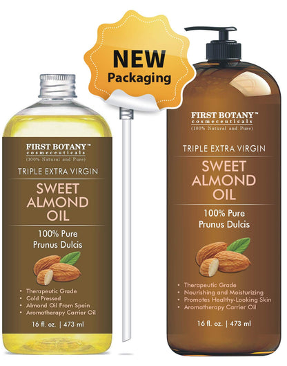 First Botany Cosmeceuticals Cold Pressed Sweet Almond Oil – 100% Pure & Natural, 16 oz Pump, For Hair, Skin & Face