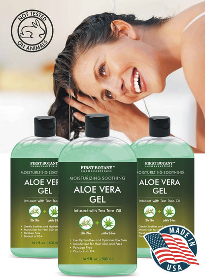 First Botany Aloe Vera Gel with Tea Tree Oil – 16.9 fl oz for Skin, Hair, Sunburn & More