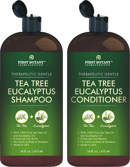 First Botany Tea Tree and Eucalyptus Shampoo and Conditioner Set | Clarifying Scalp Care with Activated Charcoal, Biotin and Keratin – Sulfate-Free, Made in USA – 16 oz x 2