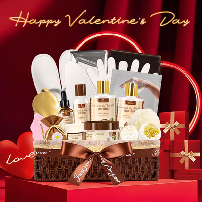 FIUMOT Valentines Day Gift Basket – 21-Piece Coconut Vanilla Spa Set for Women