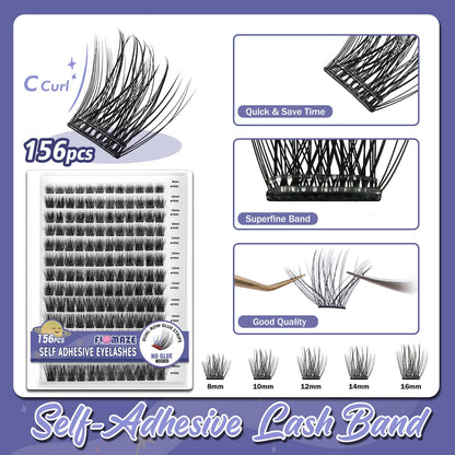 FLOMAZE Self Adhesive Eyelashes – 156-Cluster Pack, No Glue Needed, Reusable 8–16mm Mixed Lashes