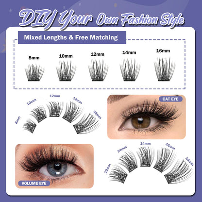 FLOMAZE Self Adhesive Eyelashes – 156-Cluster Pack, No Glue Needed, Reusable 8–16mm Mixed Lashes