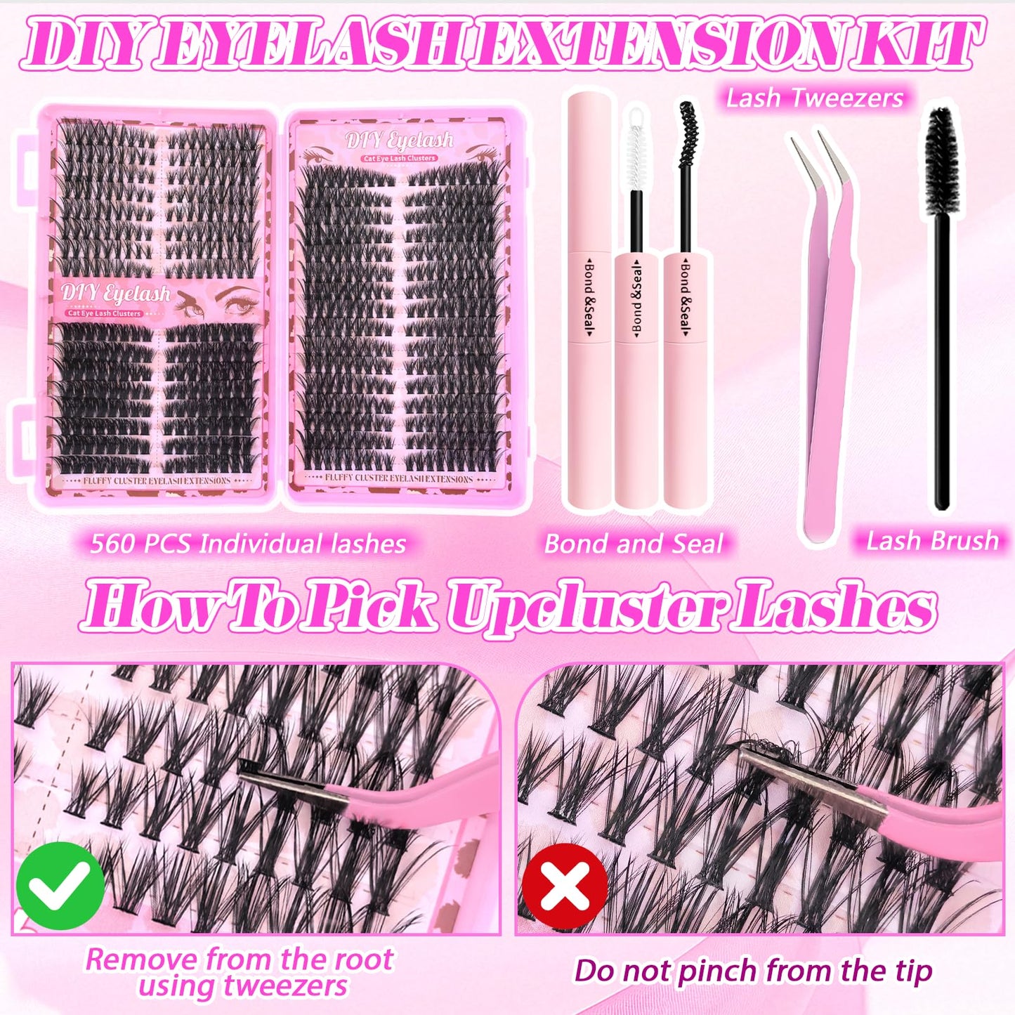 Floranest Lash Clusters Kit – 560 Pcs DIY Eyelash Extensions 9–16mm, D Curl, Fluffy Wispy + Bond & Seal