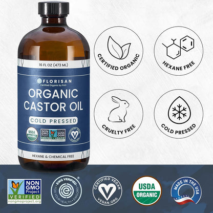 Florisan Organic Castor Oil 16oz – Cold Pressed, Hexane-Free, USDA Organic, EWG Verified
