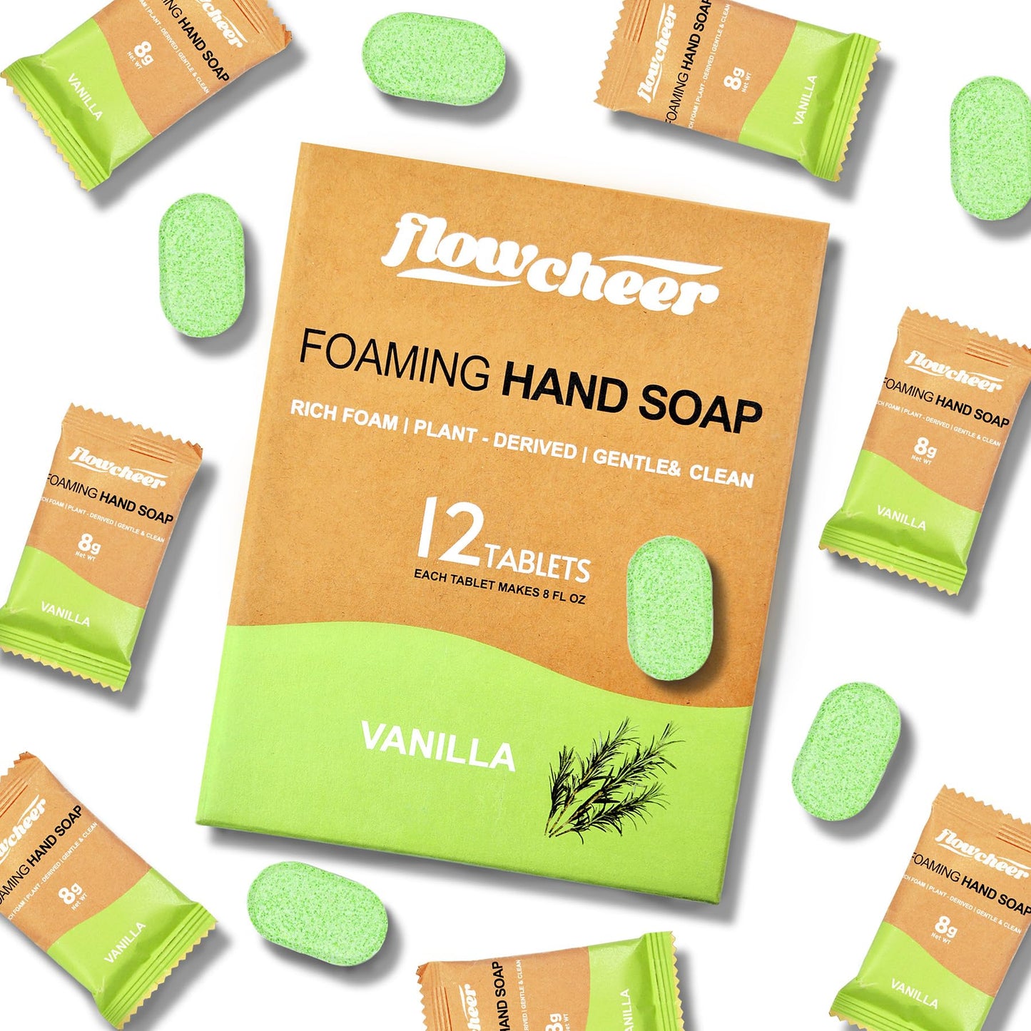 flowcheer Foaming Hand Soap Refill Tablets — 12 Pack, 108 fl oz Total, Vanilla Fragrance, No Plastic Bottle