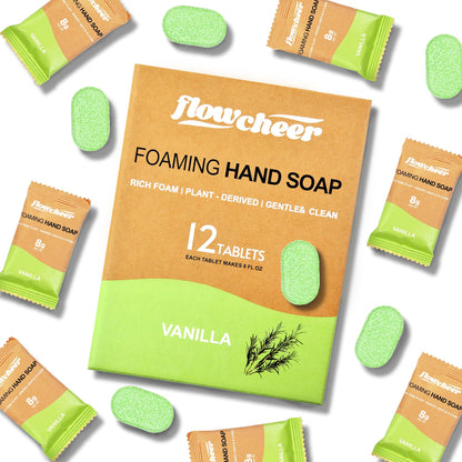 flowcheer Foaming Hand Soap Refill Tablets — 12 Pack, 108 fl oz Total, Vanilla Fragrance, No Plastic Bottle