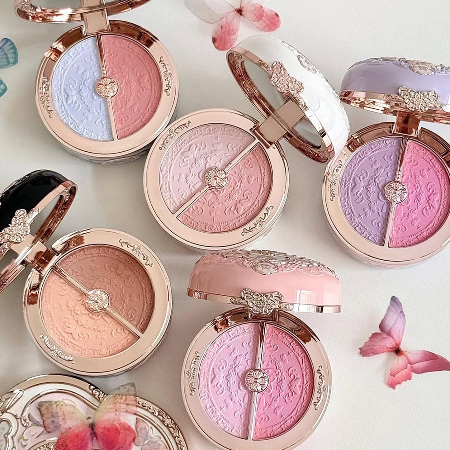 Flower Knows Butterfly Cloud Collar Rouge Box: Highlighting & Blush Duo Powder, Peach + Pink Matte Blush (0.21 oz) – Rouge Snow