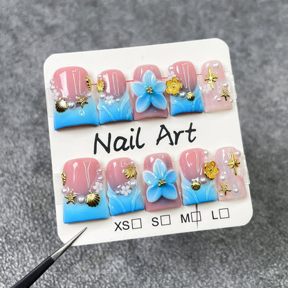 Flower Press on Nails Short Duck – Blue White Gradient French Tip with 3D Golden Flower & Pearl