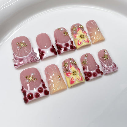 Handmade Flower Press-On Nails – Seashell & Pearl 3D Design, Short Duck Shape