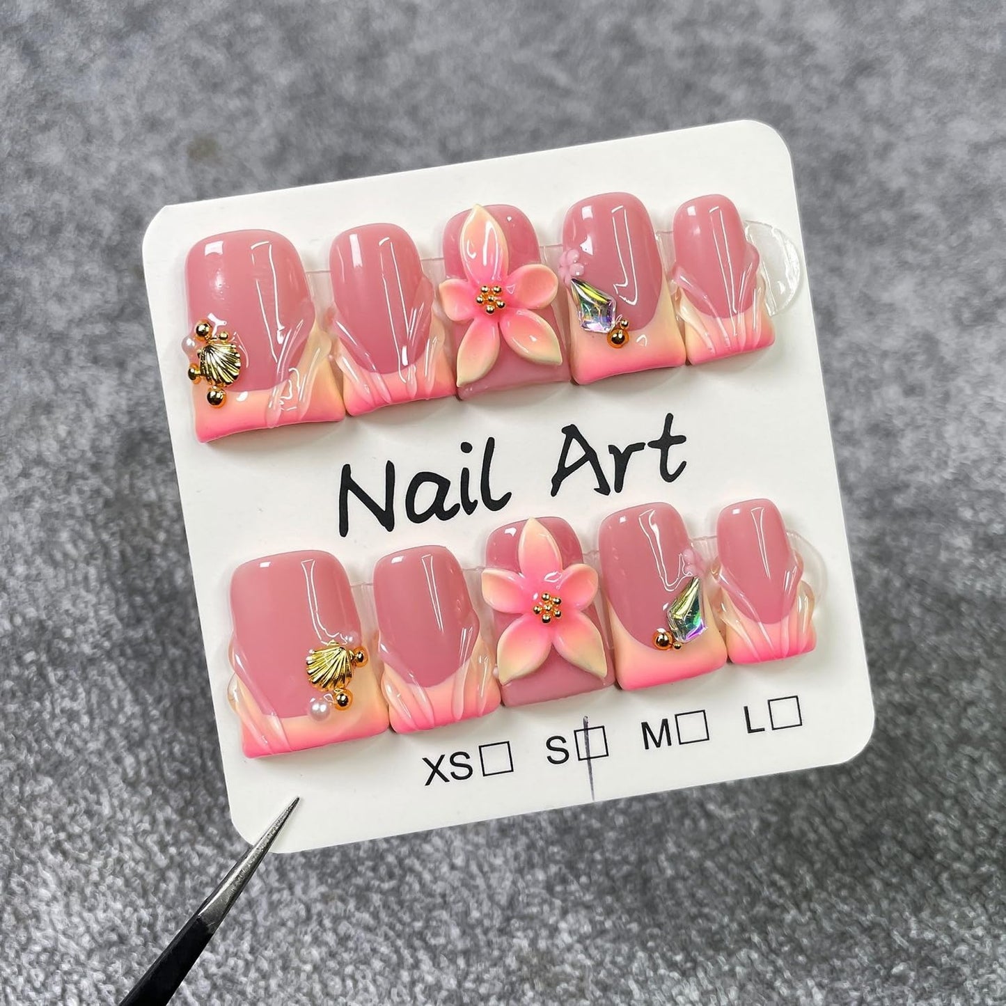 Flower Press On Nails 10 Pcs – Duck Design with Golden Shell, Gradient French Tip | Full Cover Artificial Nails
