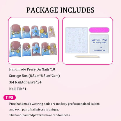 Flower Press on Nails Short Duck – Blue-White Gradient French Tip with 3D Flower, Starfish & Pearl (10pcs)