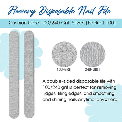 Flowery Pro Cushion Core Disposable Nail Files — 100 Count, Double-Sided 100/240 Grit