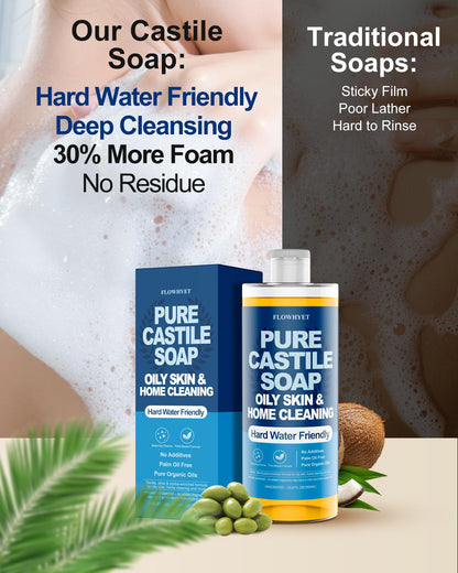 FLOWHYET Pure Castile Soap Liquid Unscented 1L | Hard Water Friendly Body Wash & Multi-Purpose Cleaner